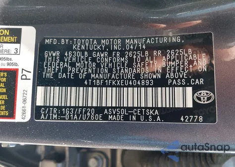 2014 Toyota Camry Se из США, поврежденный, VIN 4T1BF1FKXEU404893